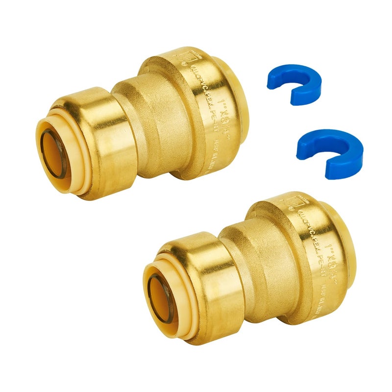 SUNGATOR Reducing Coupling, 1 Inch x 3/4 Inch Straight Coupling, No Lead Brass Push to Connect Plumbing Fitting for PEX Pipe, Copper, CPVC, With 2 Disconnect Clips, Pack of 2 - Image 1